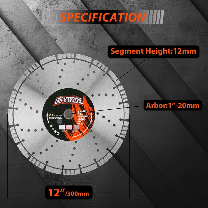 ORIXTREME 12 Inch Laser Welded Diamond Concrete Saw Blade, Combined Segmented General Purpose Blade Dry/Wet Cutting Concrete, Reinforced Concrete, Masonry, Brick, Block,1"-20mm Arbor - Image 2